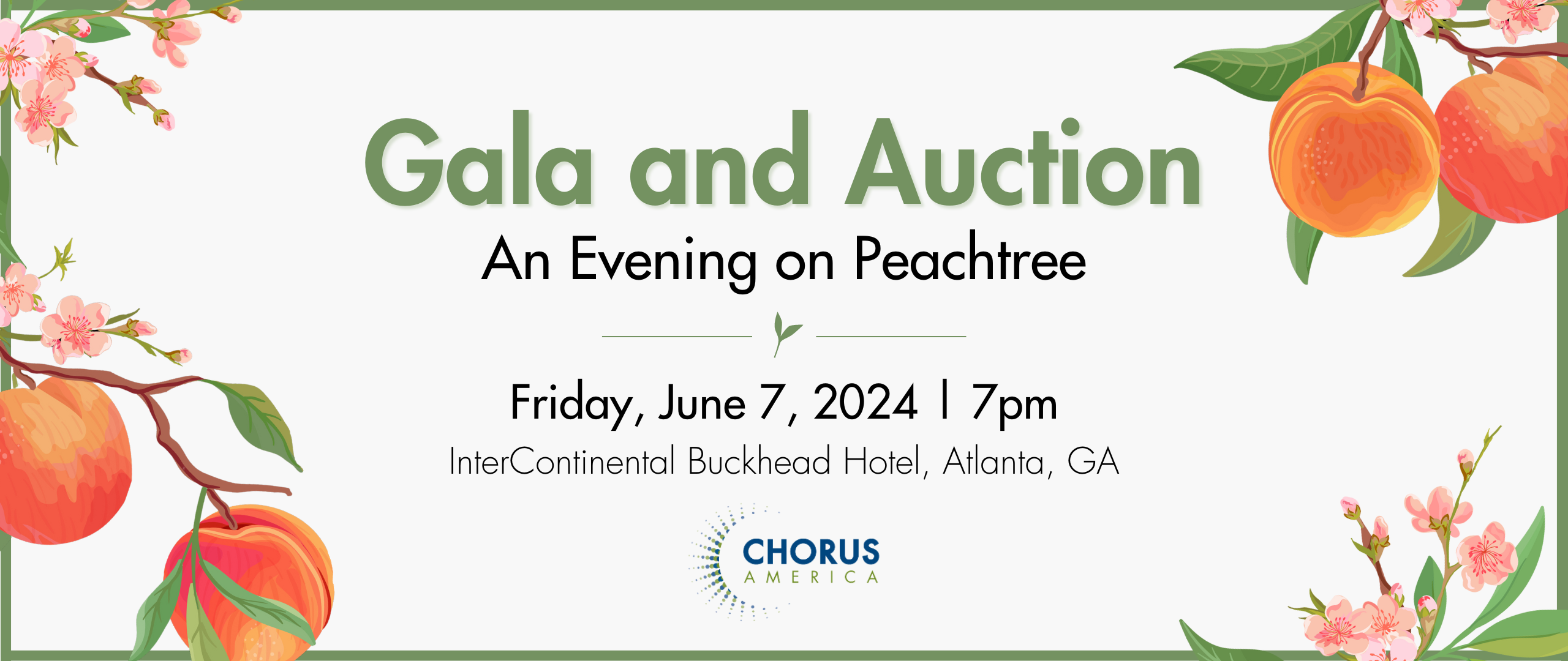 Gala and Auction Banner, announcing event theme "An Evening on Peachtree," with a peach tree blossom design