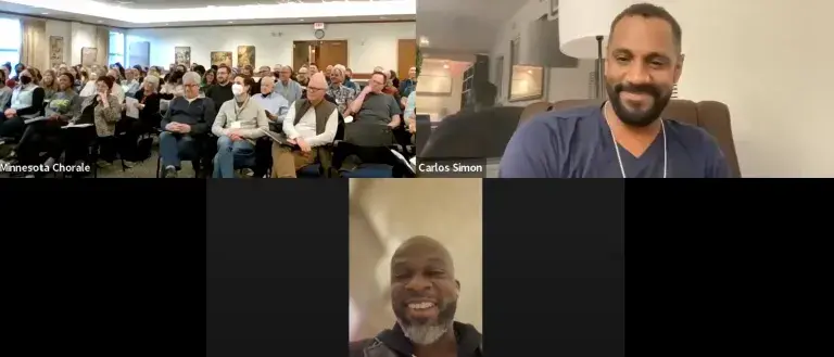 Minnesota Chorale singers meeting with Joseph and Simon on Zoom