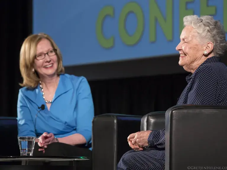 Alice Parker sitting with and being interviewed by Anne Meier Barker