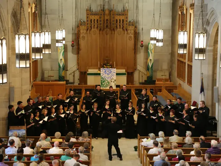 Founder and choirmaster Jeffrey Hunt conducts the St. Charles Singers at Baker Memorial United Methodist Church in St. Charles, Illinois.
