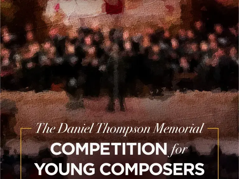 A photo of the announcement of the Young New Yorkers' Chorus Daniel Thompson Memorial Competition for Young Composers with a graphic of a choir behind the text.
