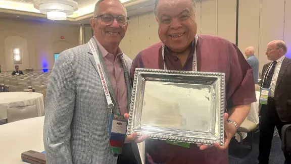 Anton Armstrong and Mark Lawson with Anton's gift